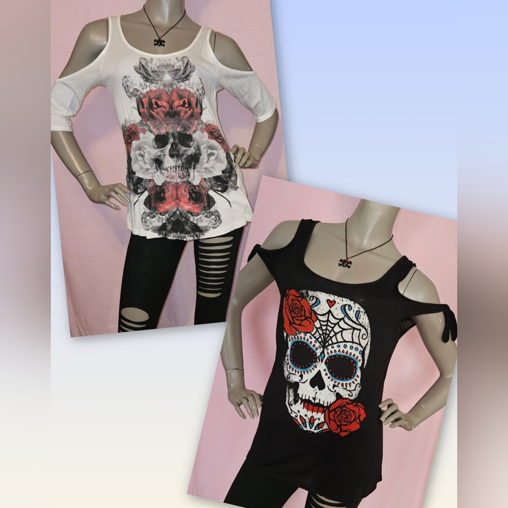 Lot of 2 Cold Shoulder Skull and Rose Tops